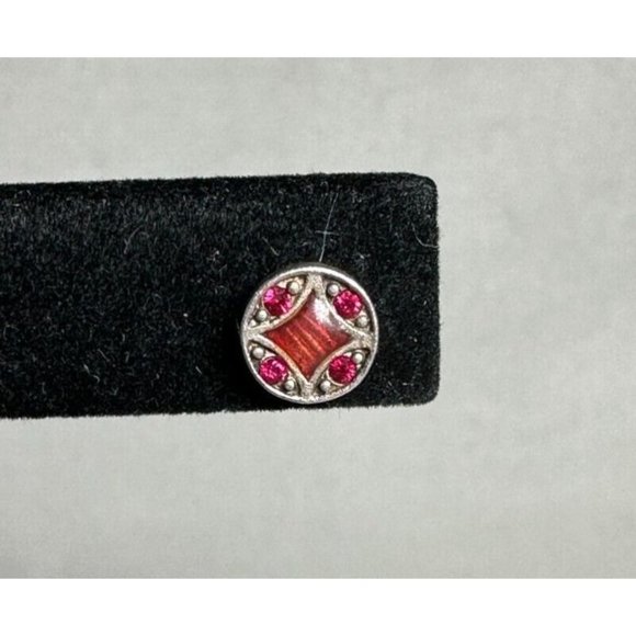 Sterling Silver Round Red Enamel and Crystal Stud Earrings - Post Closure - Picture 2 of 5